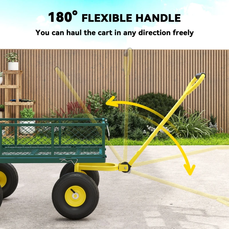 Outsunny Garden Cart, Utility Wagon Cart with Removable Sides, Convert into Flatbed, 10" Wheels, 180° Rotating Handle, Green