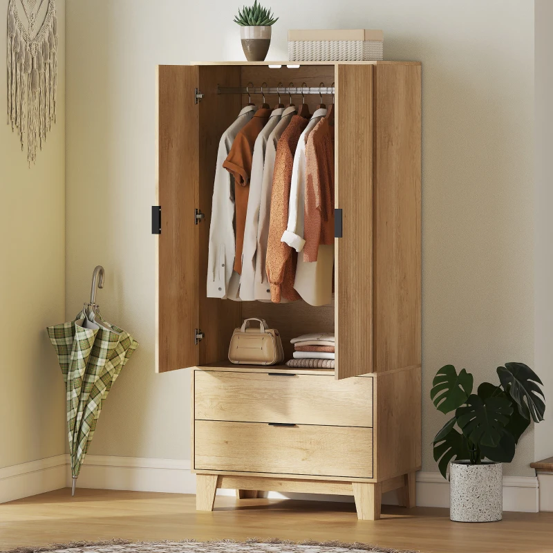 HOMCOM Modern Wardrobe Closet, Freestanding Armoire with Soft-Close Doors, 2 Drawers and Hanging Rod for Bedroom, Natural