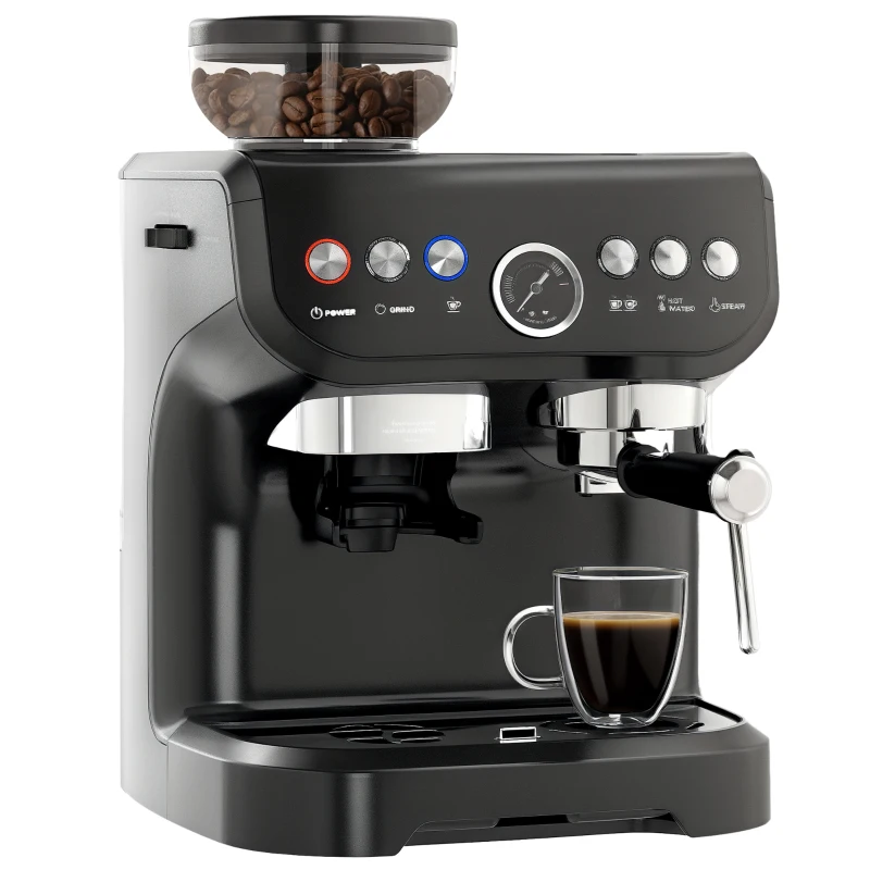 HOMCOM Espresso Machine, 15 Bar Barista Coffee Maker with Milk Frother, Fast Heating, Grinder for Espresso, Latte, Cappuccino