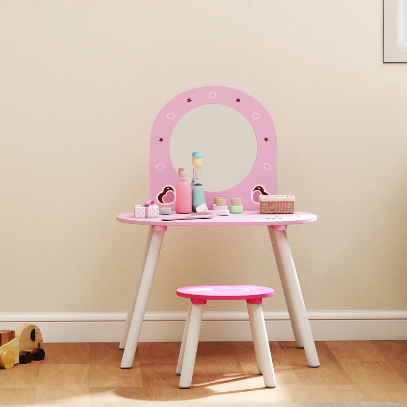 Qaba Kids Dressing Table with Mirror and Stool, Girls Vanity Set for Bedroom, Nursery, for Ages 3-6, Pink