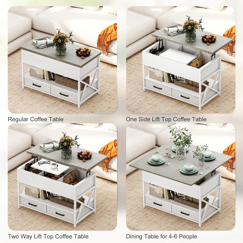 HOMCOM Modern Coffee Table, Lift Top Center Table with Fabric Drawers and Hidden Storage for Living Room, Cement Grey