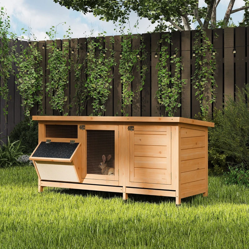 PawHut Wooden Rabbit Hutch Bunny Cage Guinea Pig House Outdoor with Sliding Out Tray, Openable Roof, Feeding Trough, Yellow