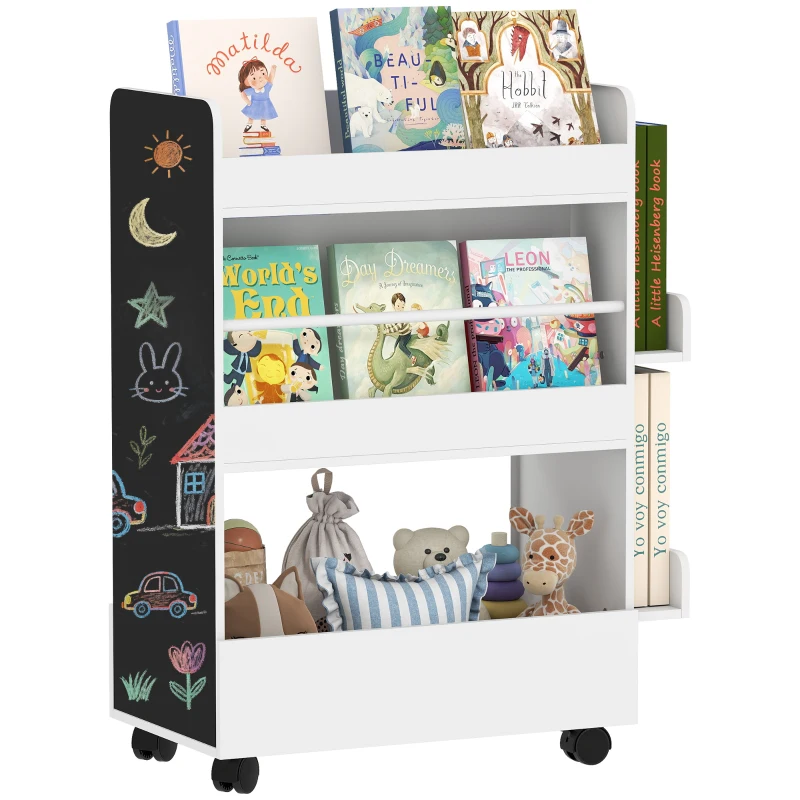 Qaba Kids Bookshelf, Kids Bookcase with Wheels & Blackboard, for Nursery, Kids Room, Playroom, for 3-8 Years