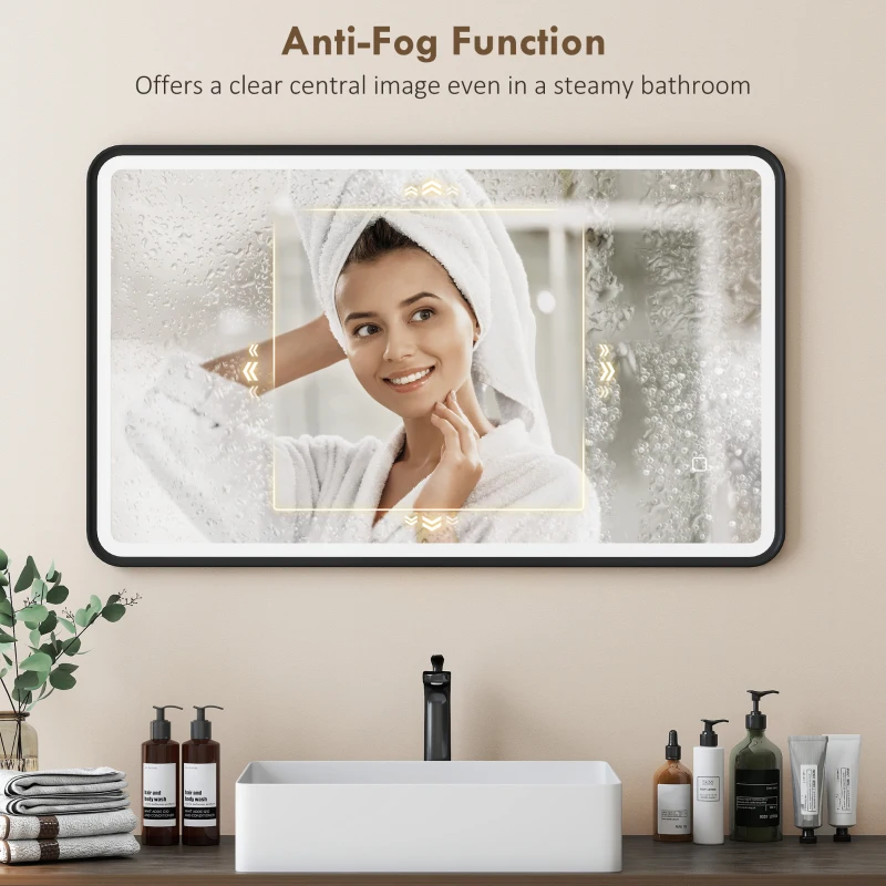 HOMCOM 40" x 24" Bath Mirror with LED Lights, Wall Mounted Restroom Mirror, 3 Colours, Dimmable, Horizontal/Vertical, Black