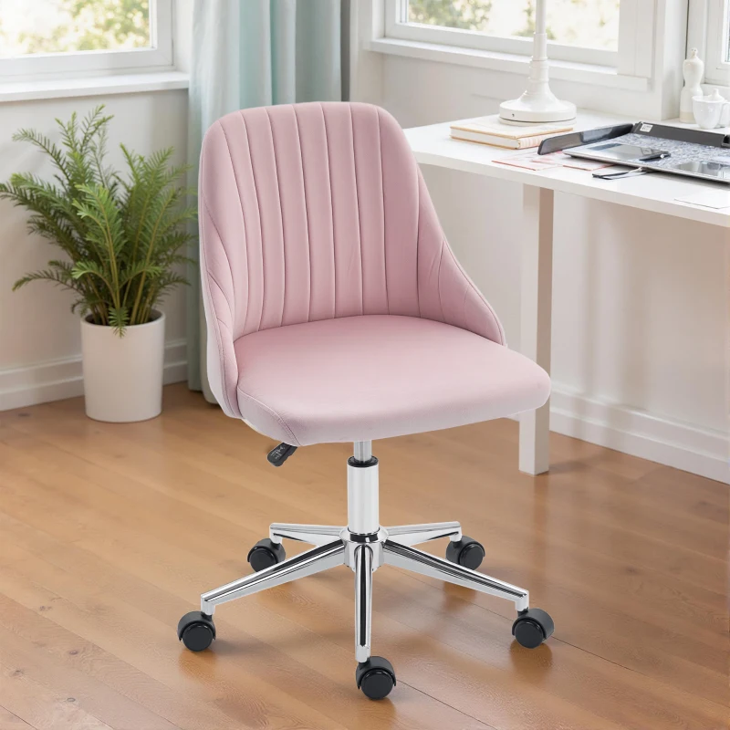 Vinsetto Vanity Chair for Makeup, Velvet Comfy Office Chair with Adjustable Height, Swivel Wheels for Bedroom, Living Room, Pink