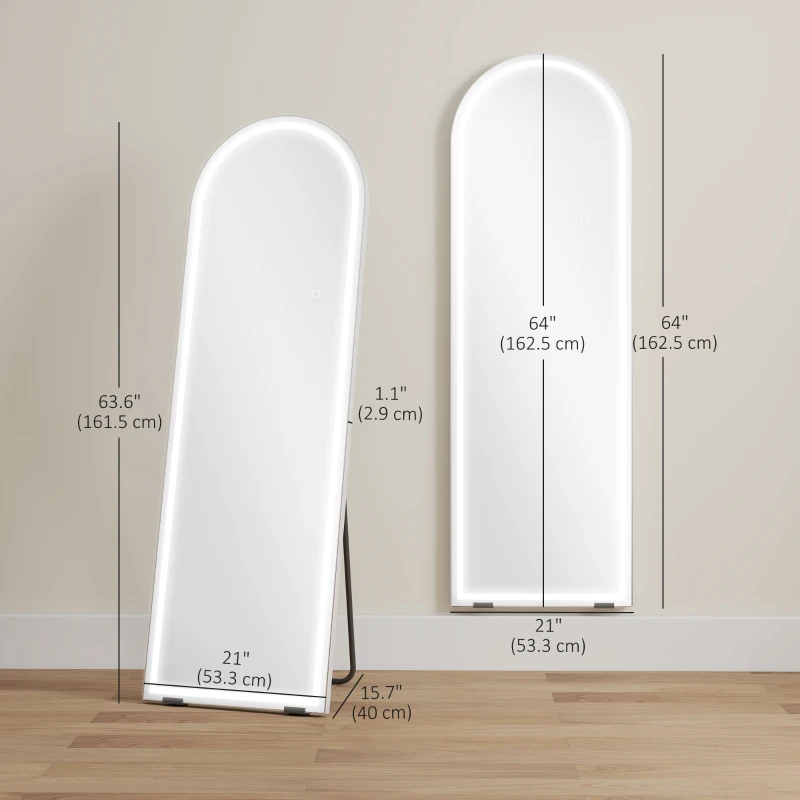 HOMCOM Free Standing Mirror with Dimmable and 3 Colour LED Lights 64" x 21" Arched Floor Mirror for Bedroom Living Room, Clear