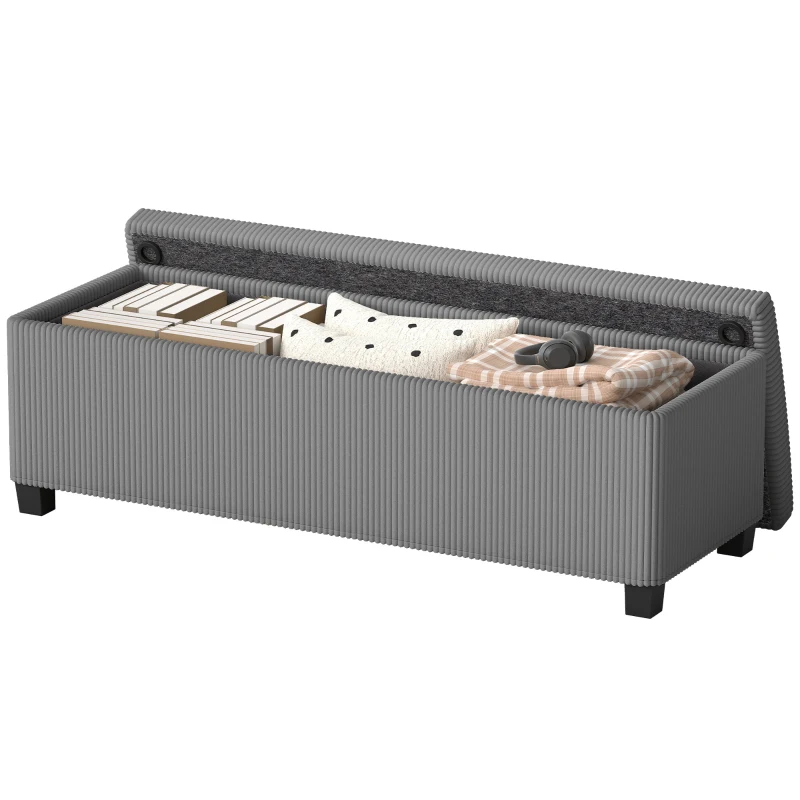 HOMCOM 47 Inches Storage Ottoman Bench, Foot Rest with Legs, End of Bed Bench, Corduroy Storage Chest for Living Room, Gray