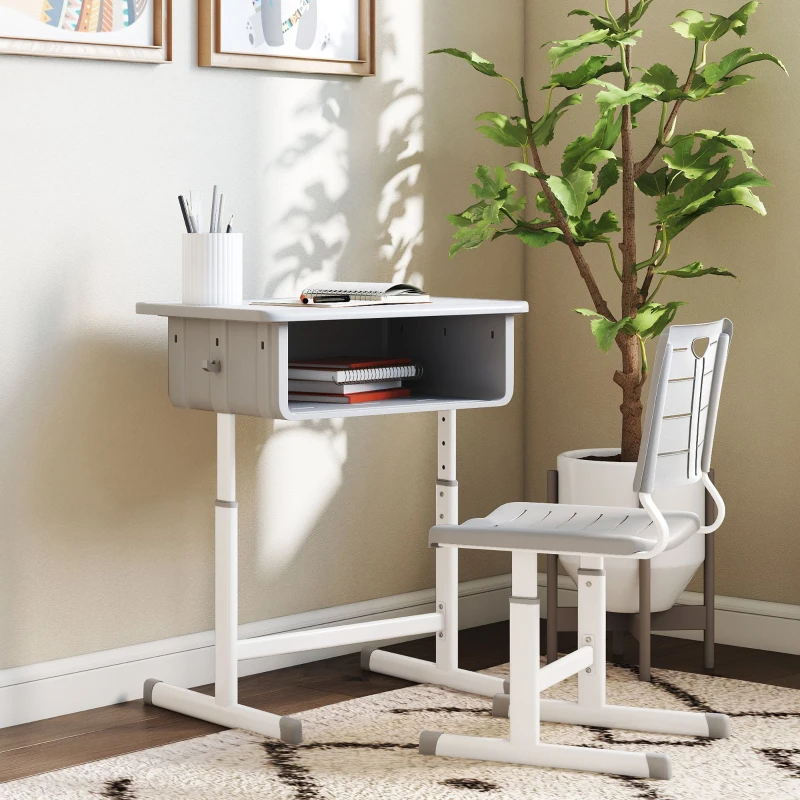 Qaba Kids Desk and Chair Set, Height Adjustable Children Study Desk and Chair with Drawer, Study Table for Bedroom, Grey