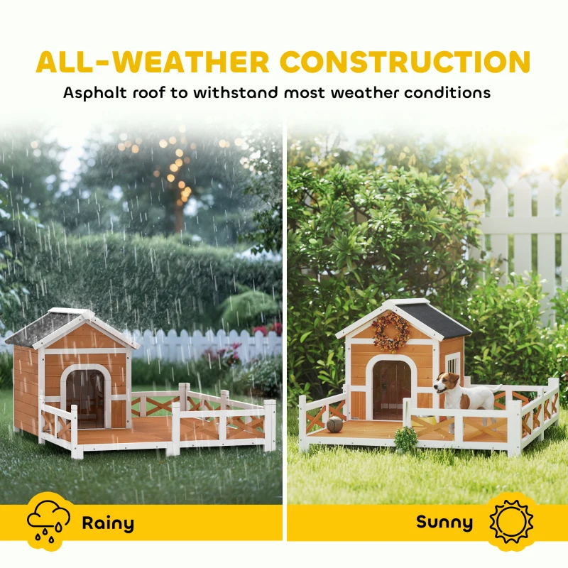 PawHut Outdoor Wooden Dog House, Dog Shelter with Large Porch, Weatherproof & Openable Roof, Elevated Base, Removable Floor