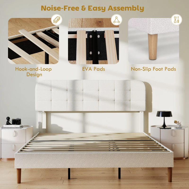 HOMCOM King Size Bed Frame with Adjustable Headboard Upholstered Platform Bed Frame with Wood Slat Support Noise Free White