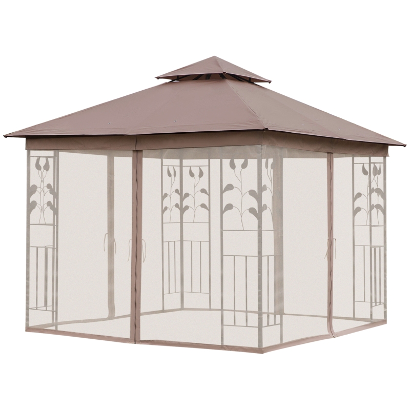 Outsunny 10' x 10' Metal Patio Gazebo, Double Roof Outdoor Gazebo Canopy Shelter with Tree Motifs Corner Frame and Netting, for Garden, Lawn, Backyard, and Deck, Brown