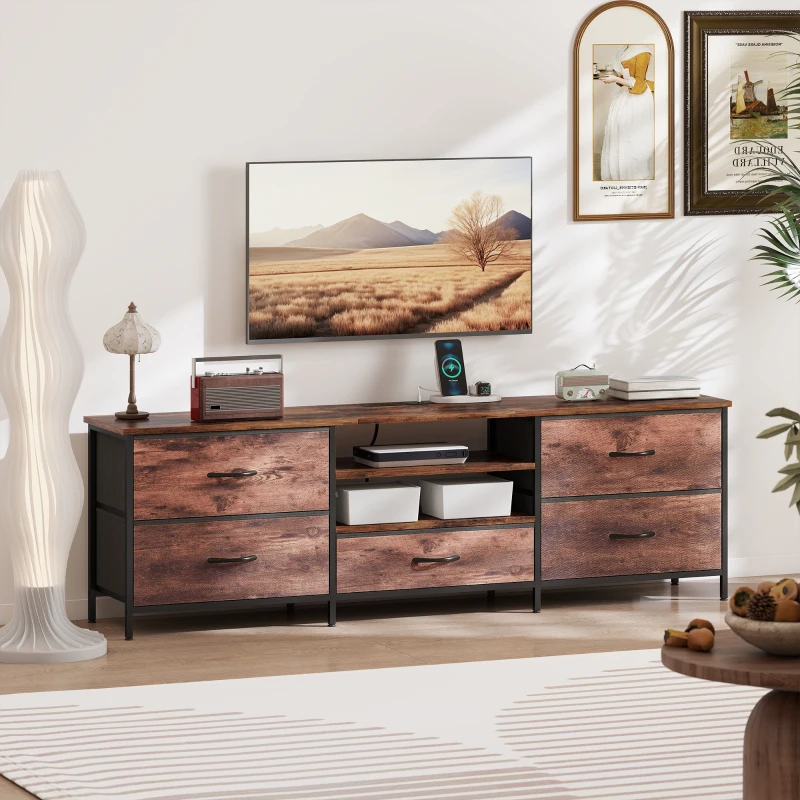 HOMCOM TV Stand for TVs up to 70 Inch, Industrial TV Console with Charging Station, 5 Drawers and Open Shelves, Rustic Brown