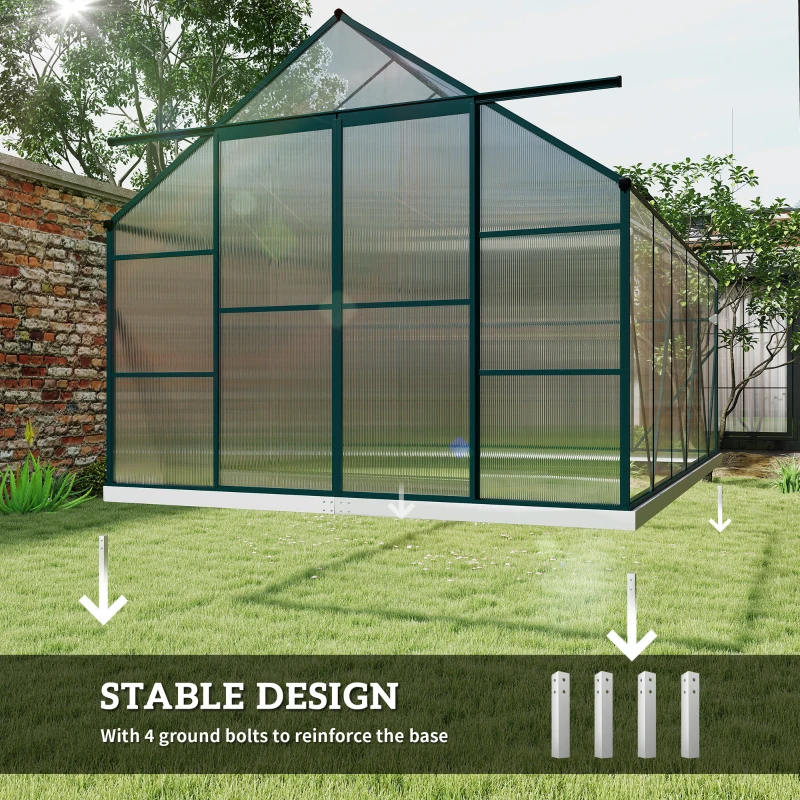 Outsunny Aluminium Greenhouse Polycarbonate Walk-in Garden Greenhouse Kit with Adjustable Roof Vent, 8 x 12ft, Clear