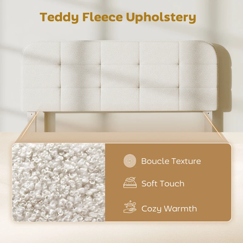 HOMCOM Queen Size Bed Frame with Adjustable Headboard Upholstered Platform Bed Frame with Wood Slat Support Noise Free White