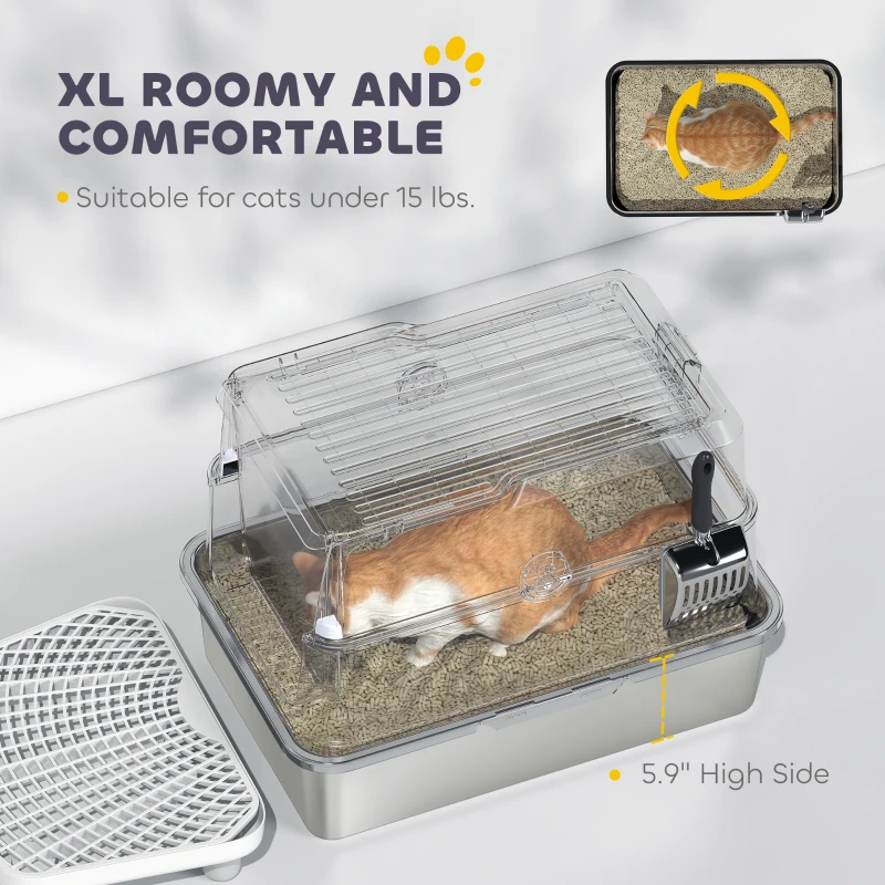 PawHut Extra Large Stainless Steel Cat Litter Box for Big Cats with Flip Cover, High-Sided Enclosure & Scoop