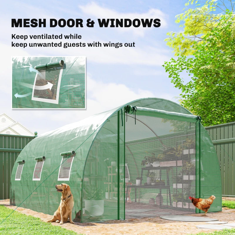 Outsunny Walk-in Tunnel Greenhouse, Plant Hot House w/ Support Rods, Roll-up Mesh Door, Mesh Windows, 13'x9.8'x6.6', Green