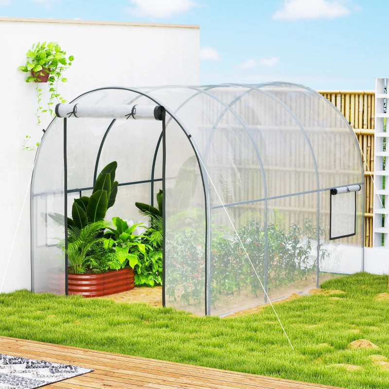 Outsunny Polytunnel Greenhouse with Roll-up Door and Mesh Window, Walk-in Grow House Tent with Steel Frame, 3 x 2 x 2 m, Clear