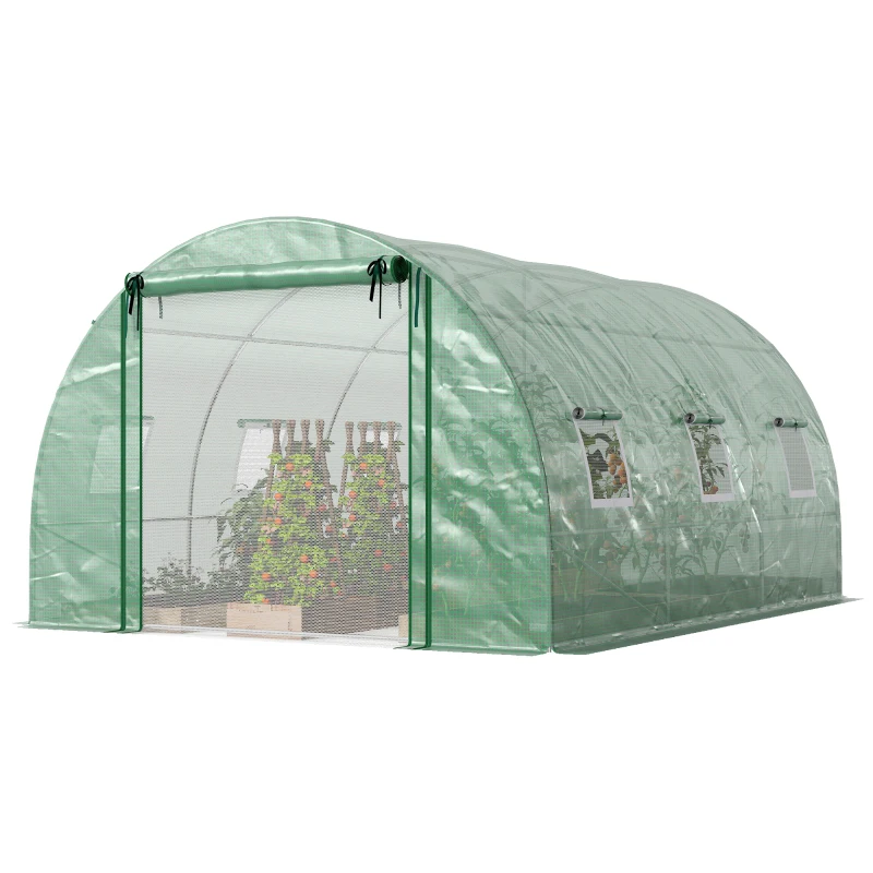 Outsunny Walk-in Tunnel Greenhouse, Plant Hot House w/ Support Rods, Roll-up Mesh Door, Mesh Windows, 13'x9.8'x6.6', Green