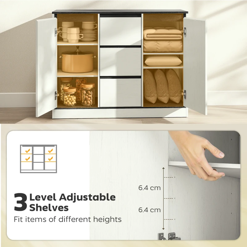 HOMCOM Buffet Cabinet with Soft-Close Hinges, Modern Sideboard with 3 Drawers and 2 Adjustable Shelves, White Wood Grain