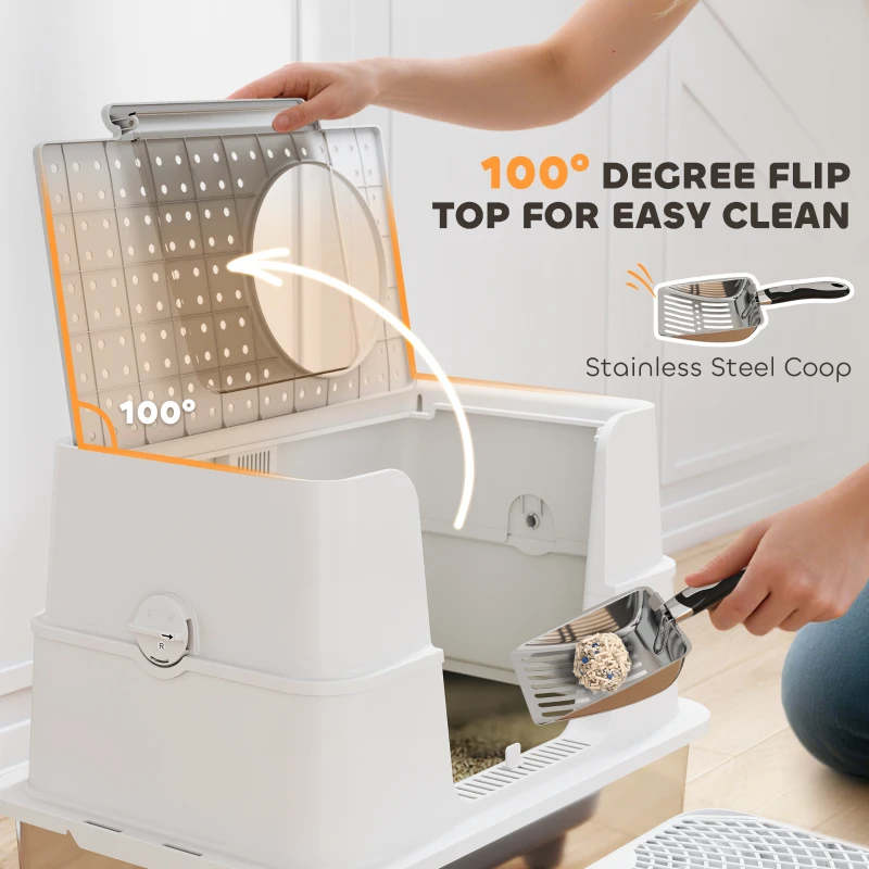 PawHut XL Stainless Steel Litter Box w/ 100° Flip Top, Scoop, Step, Top & Side Entry Enclosed Litter Box for Big Cats