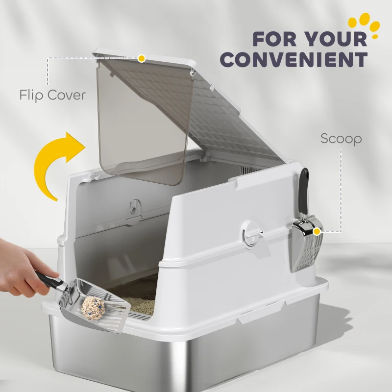 PawHut Extra Large Stainless Steel Cat Litter Box for Big Cats with Flip Cover, High-Sided Enclosure & Scoop
