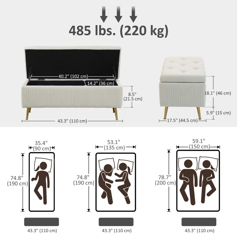 HOMCOM Storage Ottoman Bench, 43 Inch Large Storage Chest with Steel Legs and Padded Seat, Foot Rest, Load 485 lbs, Beige
