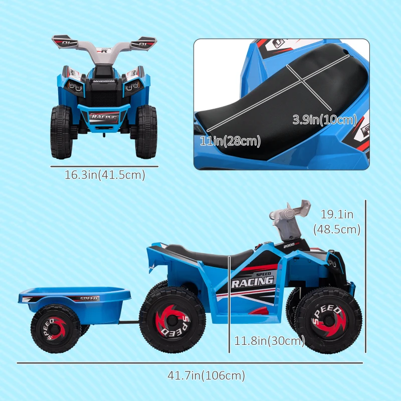 Aosom 6V Kids ATV Quad, Battery Powered Electric Vehicle for Kids with Back Trailer, Wear-resistant Wheels, for Boys and Girls - Blue