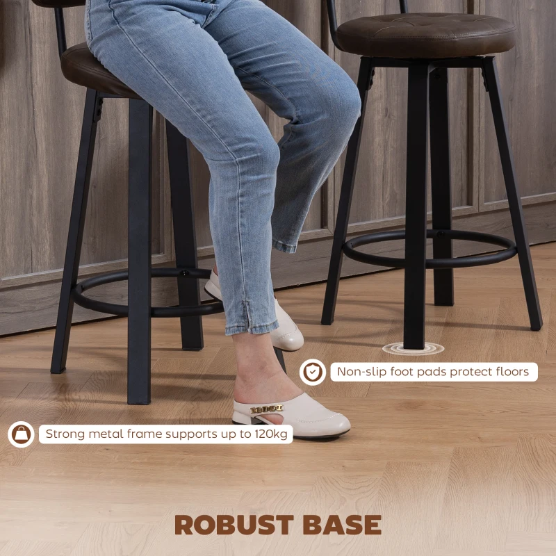 HOMCOM Bar Stools Set of 2, Upholstered Breakfast Bar Chairs with Footrest and Backrest for Kitchen Counter, Brown