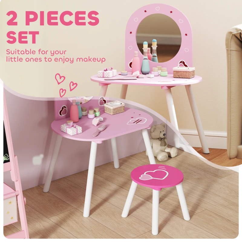 Qaba Kids Dressing Table with Mirror and Stool, Girls Vanity Set for Bedroom, Nursery, for Ages 3-6, Pink