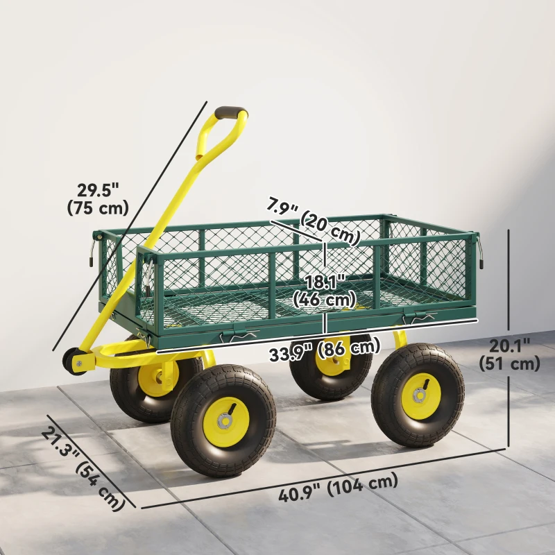 Outsunny Garden Cart, Utility Wagon Cart with Removable Sides, Convert into Flatbed, 10" Wheels, 180° Rotating Handle, Green