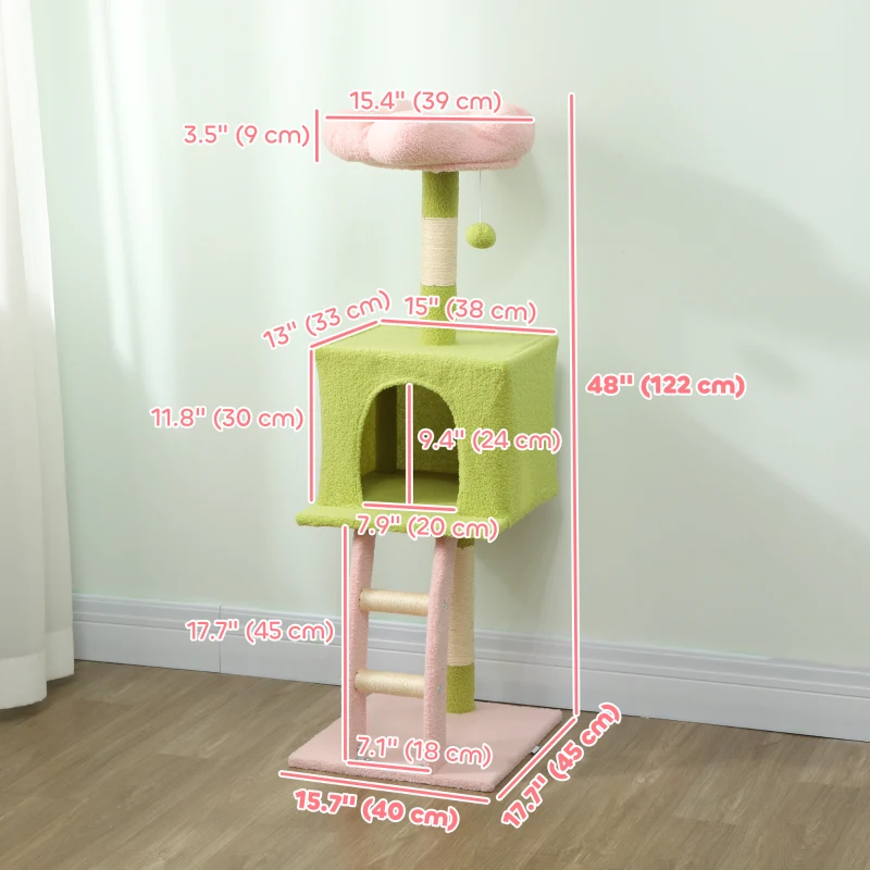 PawHut 48" Flower Cat Tree with Scratching Post, Cozy Bed, Condo, Climbing Ladder, Perch, Dangling Ball, Green
