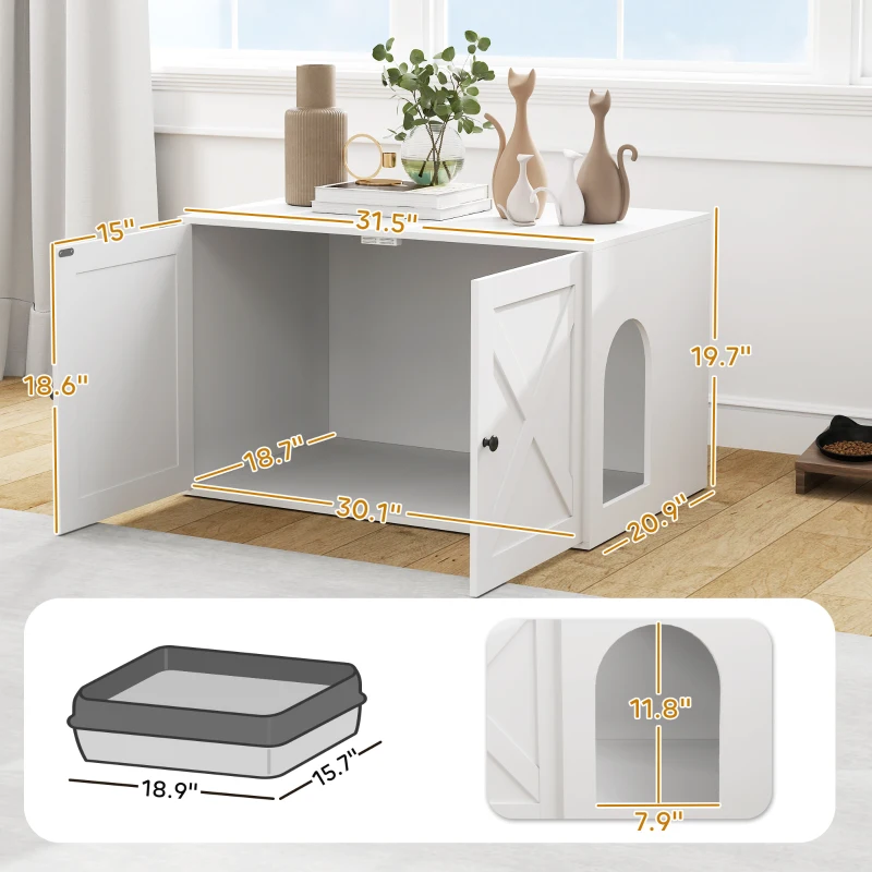PawHut Cat Litter Box Enclosure with Barn Door, Cat Hole, 31.5" x 21" x 20", White