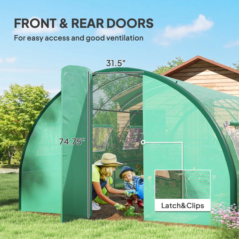 Outsunny Tunnel Greenhouse Walk-in Plant Warm House with 2 Hinged Doors, 8 Mesh Windows, 20' x 10' x 6.6', Green