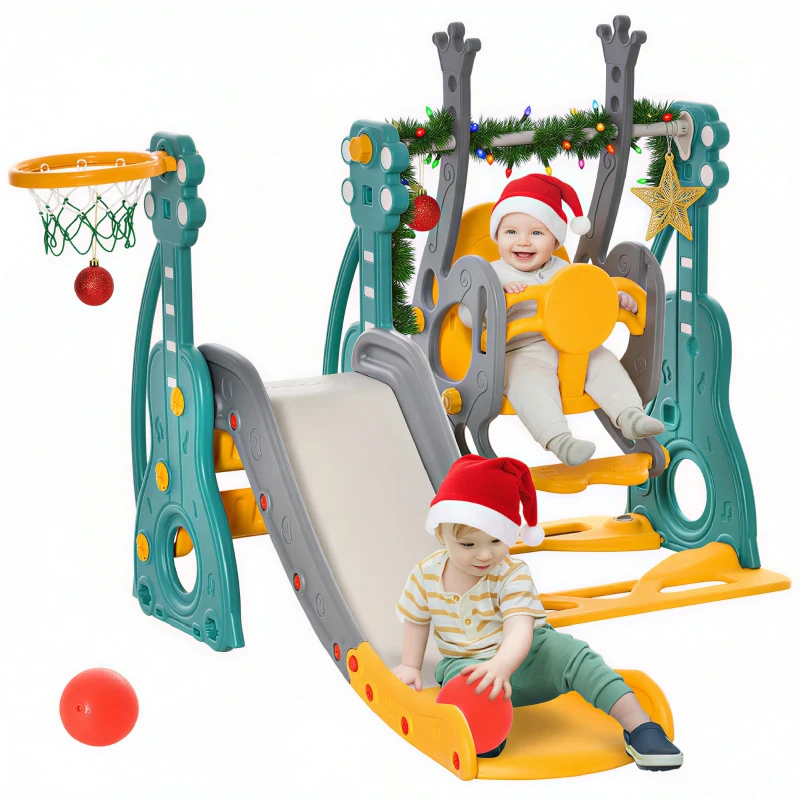 Qaba 4-in-1 Toddler Slide and Swing Set with Basketball Hoop and Adjustable Seat Height, Kids Play Climber Slide Playset for Indoor and Outdoor Playground Activity Center