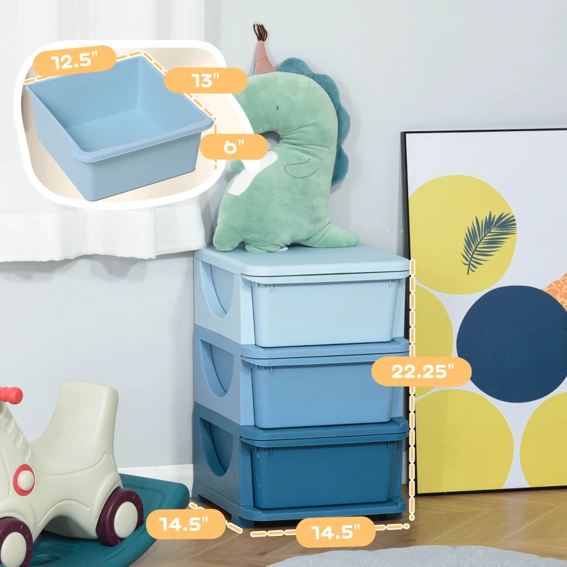 Qaba 3 Tier Kids Storage Unit, 3 Drawer Chest Toy Organizer Plastic Bins for Kids Bedroom Nursery Kindergarten Living Room for Boys Girls Toddlers, Blue