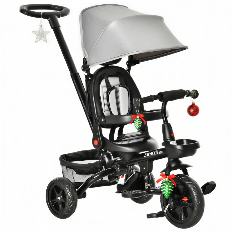 Qaba Tricycle for Toddler 4 in 1 Kids Trike with Reversible Adjustable Seat, Baby Push Bike with Removable Handle, Curved Canopy, Belt Storage Brake Clutch for 1-5 Years, Grey