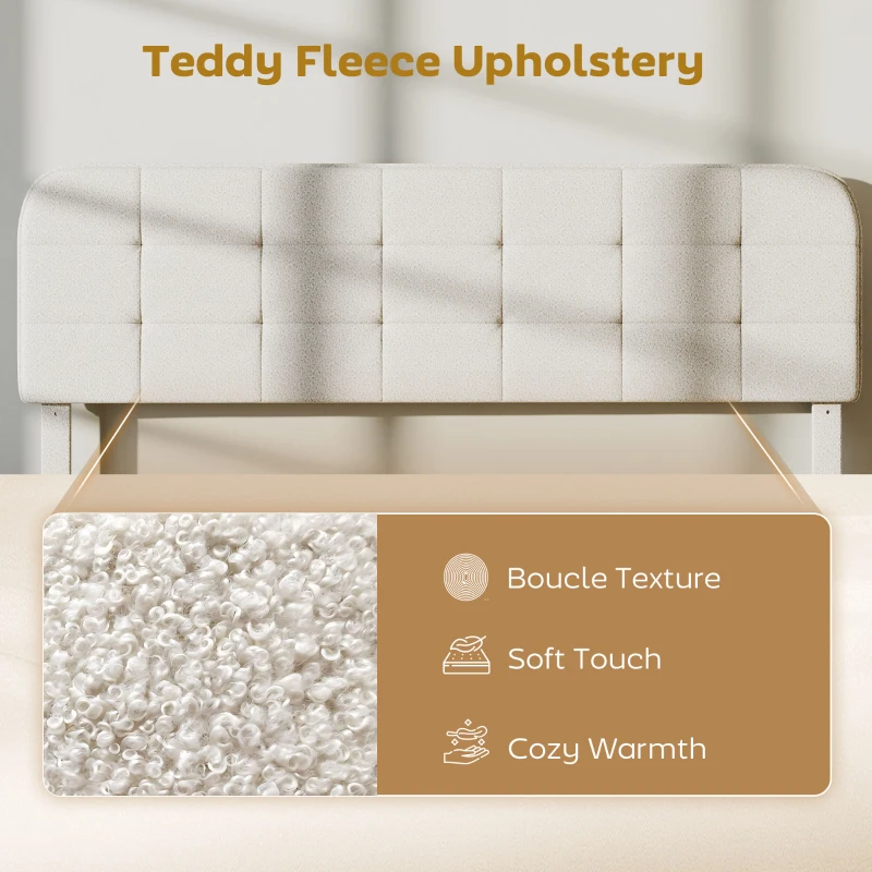 HOMCOM King Size Bed Frame with Adjustable Headboard Upholstered Platform Bed Frame with Wood Slat Support Noise Free White