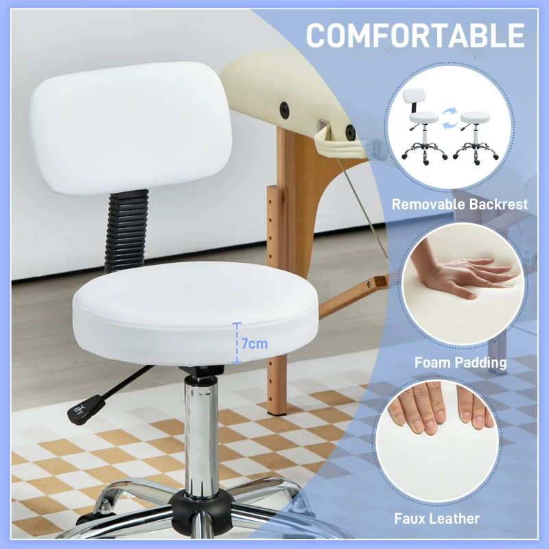 HOMCOM Adjustable Rolling Stool with Removable Backrest, Faux Leather Swivel Stool Chair for Salon Spa, Bar, Massage, White