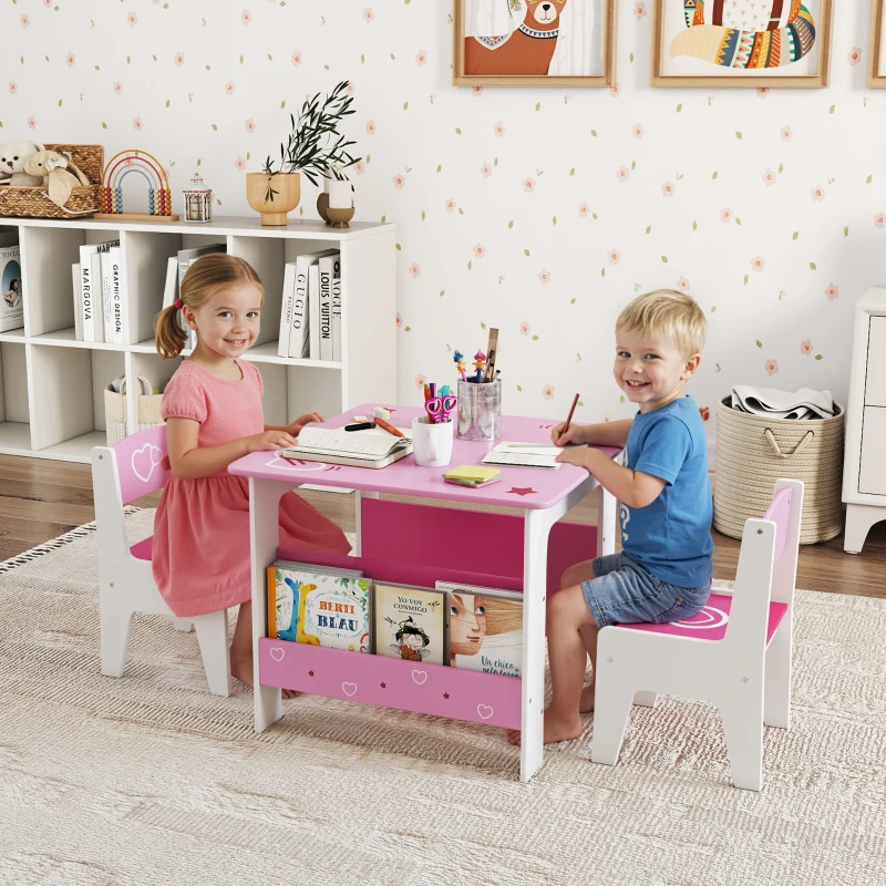 Qaba 3 Pieces Kids Table and Chair Set with Bookshelves, for Classroom, Home, Nursery, Playroom, for Read, Draw, Art, Pink