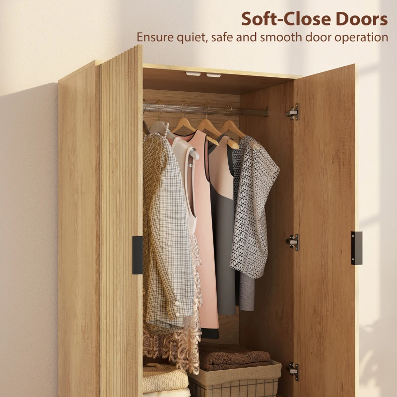HOMCOM Modern Wardrobe Closet, Freestanding Armoire with Soft-Close Doors, 2 Drawers and Hanging Rod for Bedroom, Natural