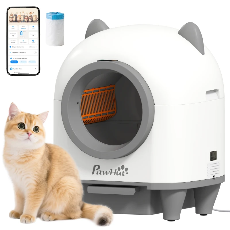 PawHut Automatic Cat Litter Box with App Control, Odor Isolation, Safety Protection, Anti-Pinch, 1 Roll Garbage Bag