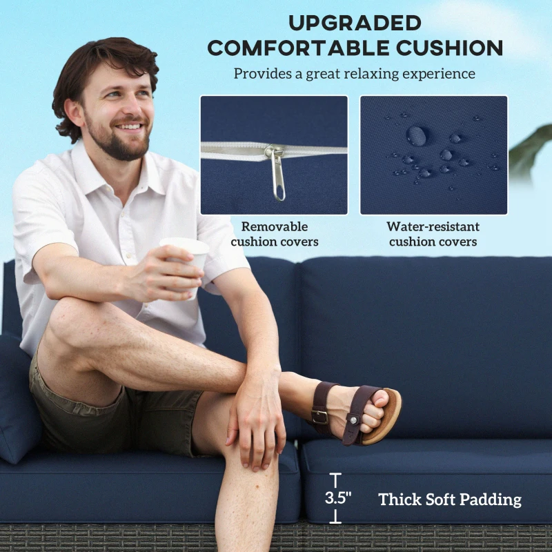 Outsunny Patio Couch PE Wicker Deep Seating Outdoor Sofa with Removable Cushions, 3 Seater Rattan Sofa, Outdoor Furniture for Balcony, Deck, Garden and Poolside, Navy Blue