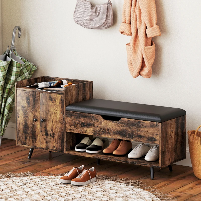 HOMCOM Storage Bench, Entryway Bench with Cushion, Hidden Storage, Compartments, Rustic Brown