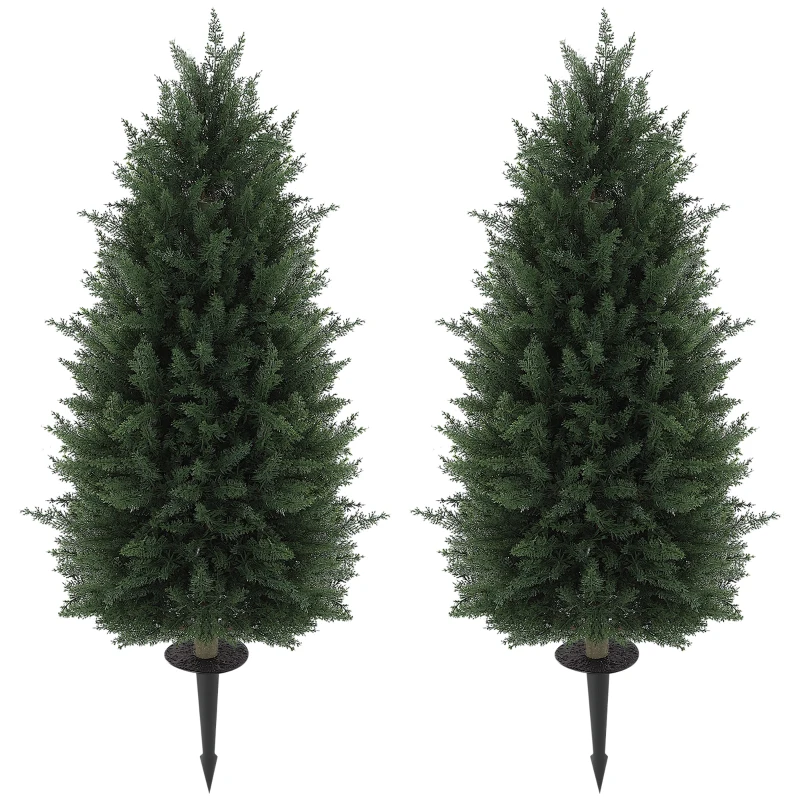 HOMCOM 43.3 Inch Set of 2 Artificial Cypress Topiary Tree, Indoor Outdoor UV Resistant Faux Plants with Ground Stake for Garden