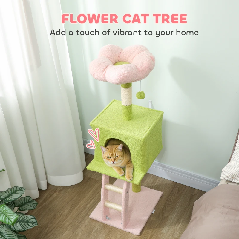 PawHut 48" Flower Cat Tree with Scratching Post, Cozy Bed, Condo, Climbing Ladder, Perch, Dangling Ball, Green