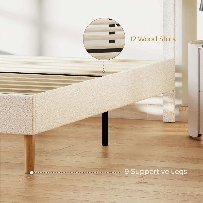HOMCOM Queen Size Bed Frame with Adjustable Headboard Upholstered Platform Bed Frame with Wood Slat Support Noise Free White