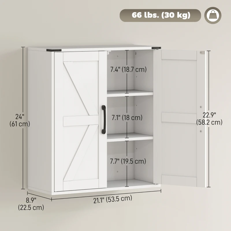 HOMCOM Bathroom Wall Cabinet, Wall Mounted Medicine Cabinet with Barn Doors and Adjustable Shelves, Over The Toilet, White