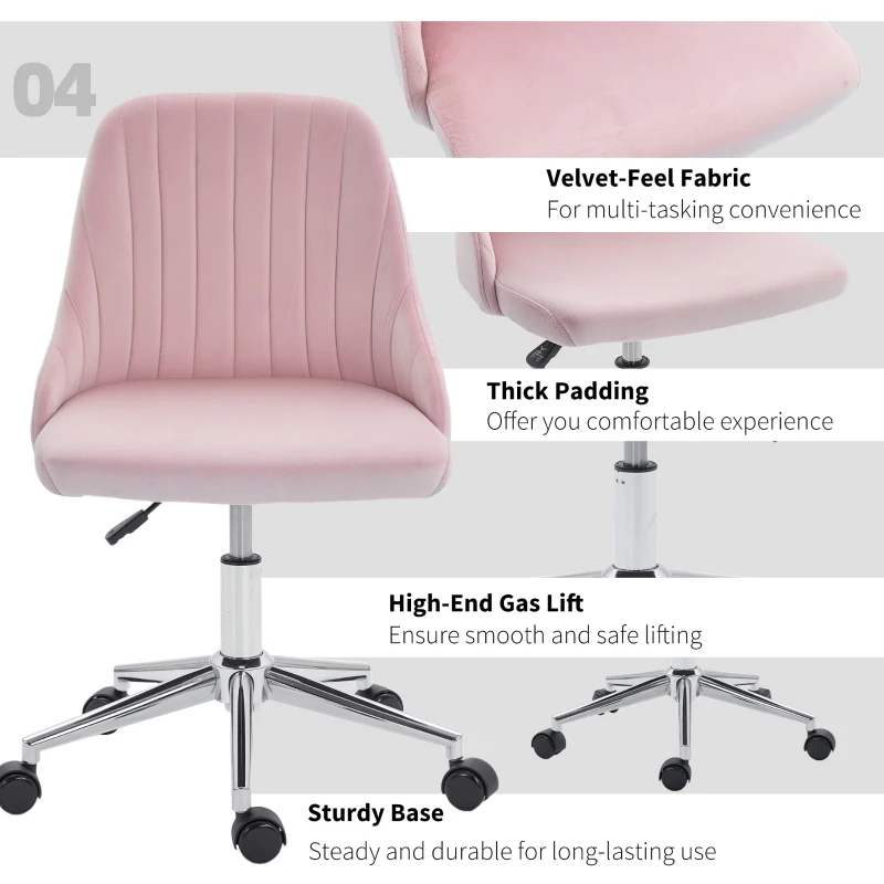 Vinsetto Vanity Chair for Makeup, Velvet Comfy Office Chair with Adjustable Height, Swivel Wheels for Bedroom, Living Room, Pink