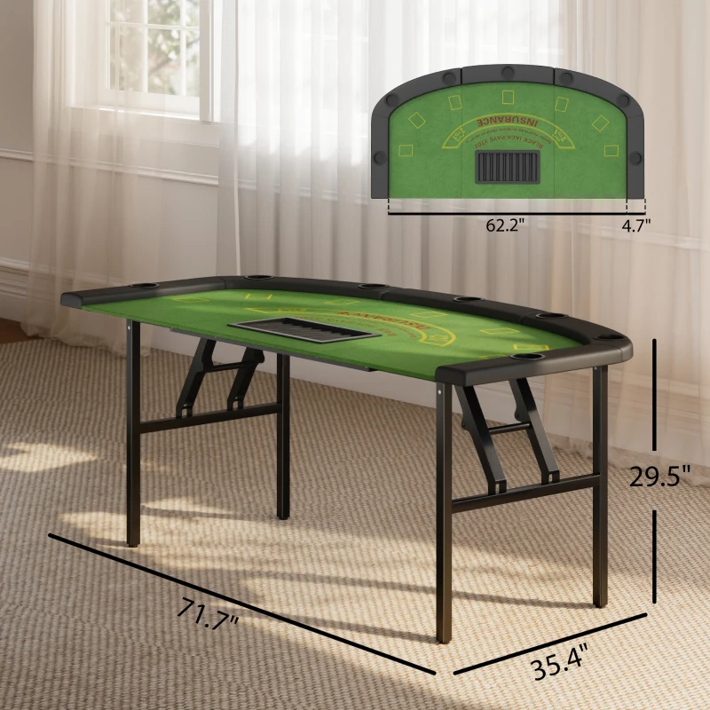 Soozier Poker Table Foldable, 72" Portable Casino Blackjack Table for 8 Players with Felt Surface, Cup Holders, Green