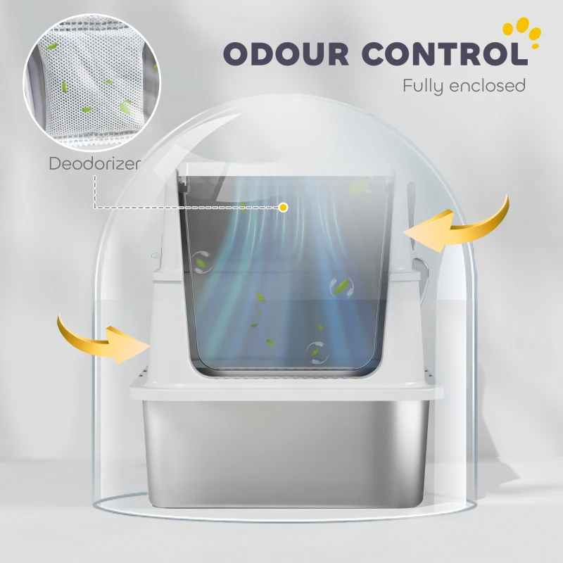 PawHut Extra Large Stainless Steel Cat Litter Box for Big Cats with Flip Cover, High-Sided Enclosure & Scoop